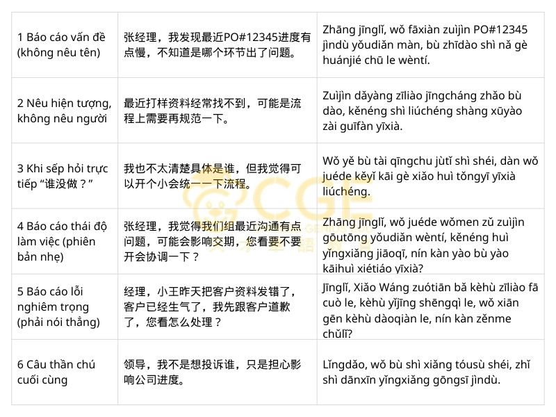 mẫu câu Khiếu nại đồng nghiệp / báo cáo vấn đề