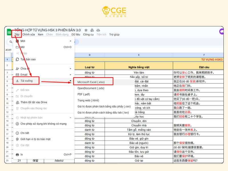 hướng dẫn tải file Excel bộ từ vựng HSK 3 giáo trình 3.0