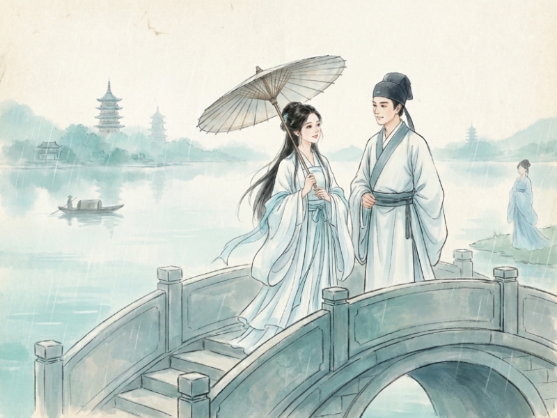 Bạch Nương Tử và Hứa Tiên gặp nhau tại cầu Đoạn Kiều bên Tây Hồ