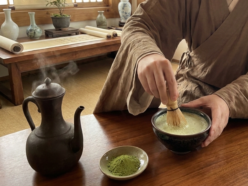 Kỹ thuật điểm trà thời Tống với bột trà xanh và chổi khuấy