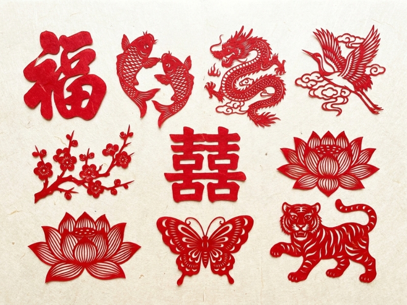 Các biểu tượng cắt giấy Trung Quốc truyền thống_ Phúc, cá chép, rồng, hạc, hoa mai, song hỷ, hoa sen
