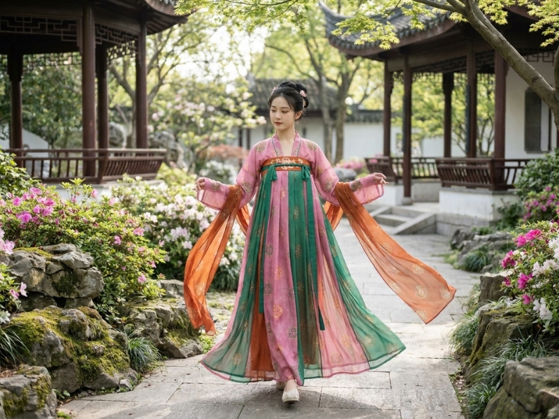 Nữ mặc váy cao ngực thời Đường, áo tay rộng và dải lụa vắt vai, màu sắc rực rỡ