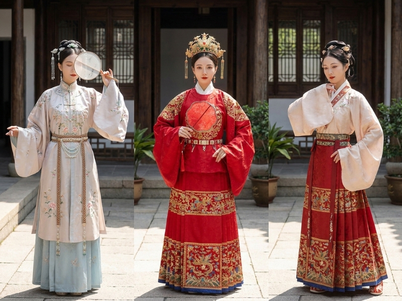 Nhóm người mặc Hán phục thời Tống và thời Minh, váy bốn tà, áo dài tay rộng, phụ kiện truyền thống