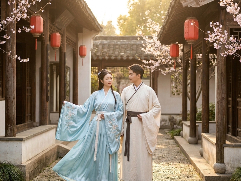 Hán Phục truyền thống của người Hán với cổ chéo tay rộng