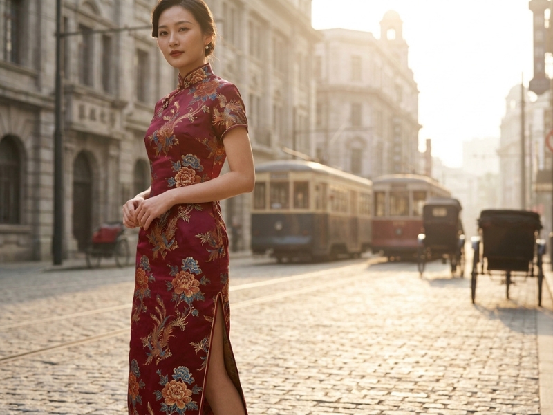 Sườn Xám Trung Quốc với cổ đứng và khuy tết dây